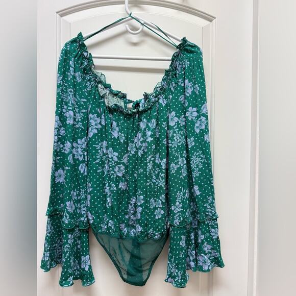 Free People Green One on One Date Long Sleeve Ruffle Scoop Neck Bodysuit Top S - Picture 5 of 12